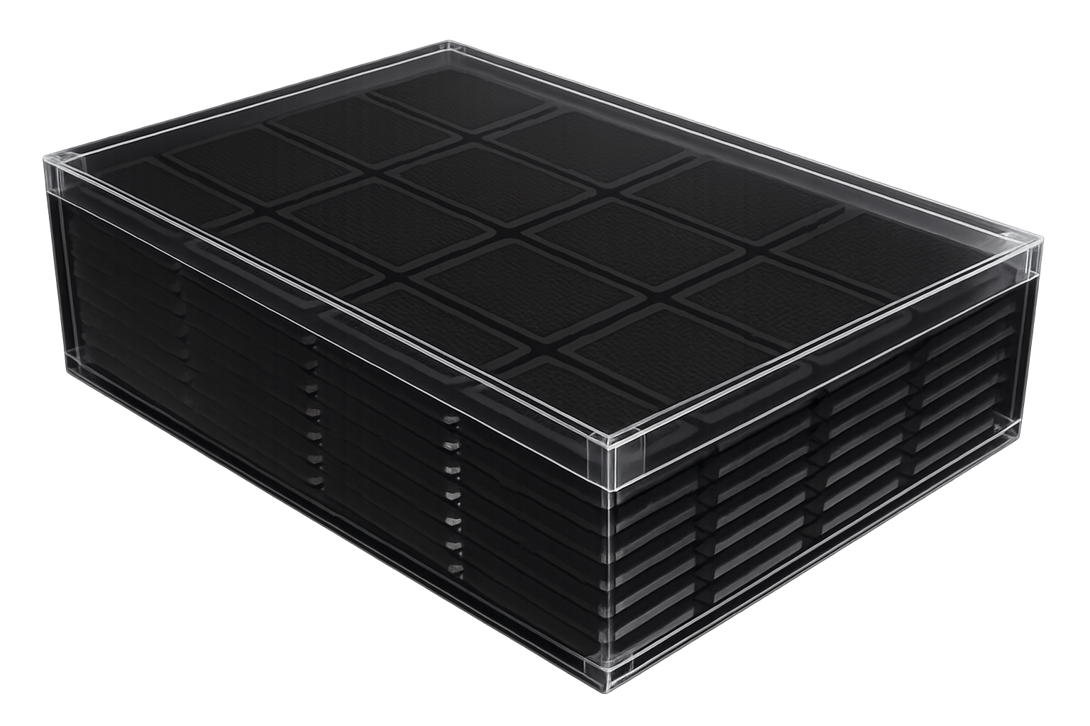 A box of stacked Spatial Biosystems tissue plates, roughly the size of a shoe box