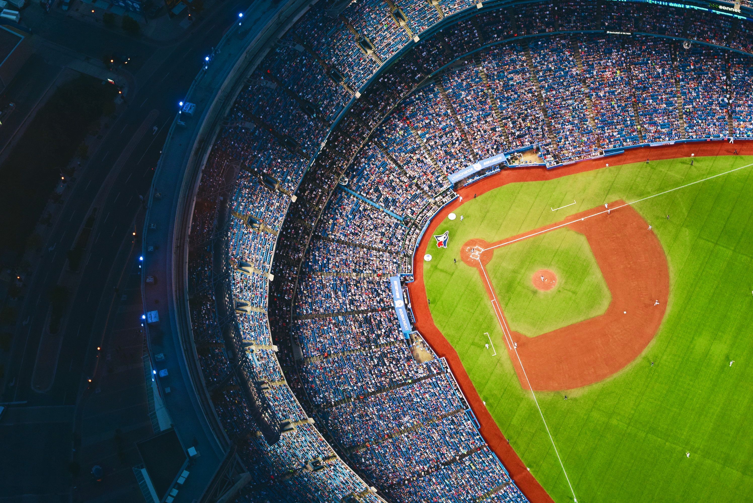 Aerial view of a packed Rogers Centre, roughly forty thousand spectators